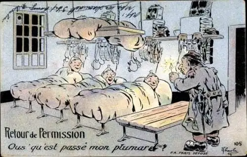 Künstler Ak Französische Soldaten in Betten, Soldatenleben, Retour de Permission