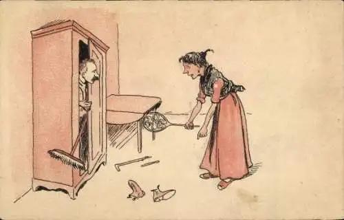 Ak Frau mit Teppichklopfer, Mann mit Besen im Kleiderschrank