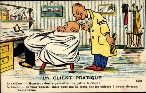 Künstler Ak Un Client Pratique, Mann mit Glatze beim Friseur, Coiffeur