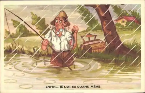 Künstler Ak Angler im Regen
