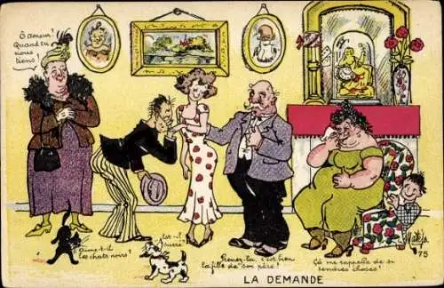 Künstler Ak Junge Frau mit Verehrern, Weinende Dame, La Demande