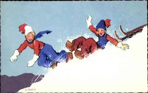 Künstler Ak Martin, E., Kinder im Schnee, vom Schlitten gefallen