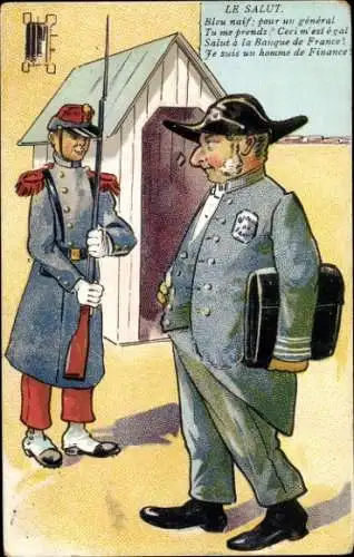 Ak Wachsoldat grüßt einen Bankier