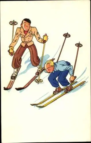 Künstler Ak Zwei Skifahrer bei der Abfahrt