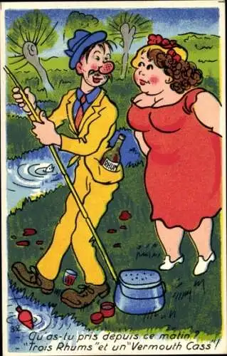 Künstler Ak Betrunkener Mann beim Angeln