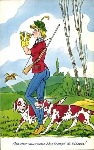 Künstler Ak Jagdszene, Jägerin trägt Lippenstift auf