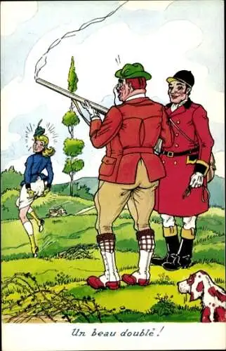 Künstler Ak Jagdszene, Jäger hat Po einer Frau getroffen