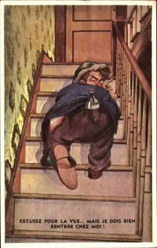 Künstler Ak Betrunkener Mann kriecht die Treppe hoch