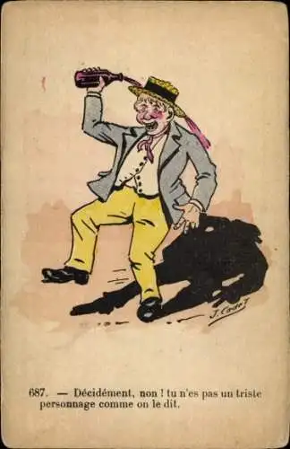 Künstler Ak Betrunkener Mann mit Weinflasche