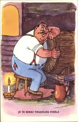 Künstler Ak Betrunkener Mann umarmt ein Weinfass