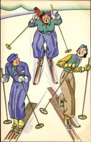 Künstler Ak Drei SKifahrer, Wintersport