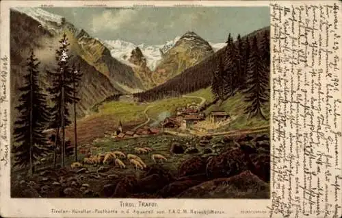 Künstler Litho Reisch, Trafoi Stilfs Stelvio Südtirol, Panorama, Schafe, Gebirge