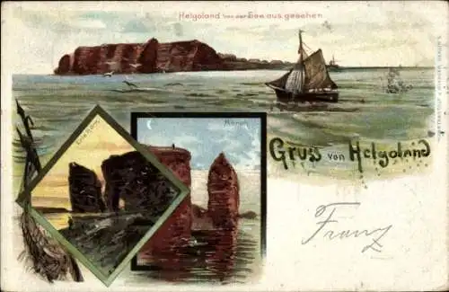 Ak Nordseeinsel Helgoland, von der See aus gesehen, Mönch, Eris Hörn, Segelboot, Felsen