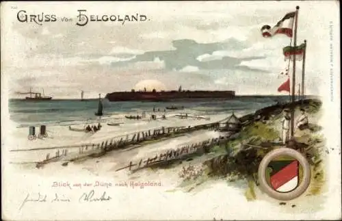 Litho Nordseeinsel Helgoland, Blick von der Düne, Wappen