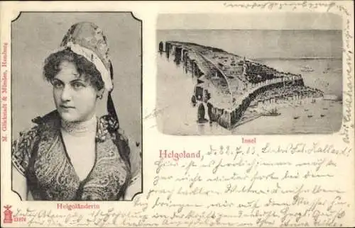 Ak Nordseeinsel Helgoland, Gesamtansicht, Helgoländerin in Tracht