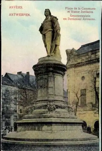 Ak Anvers Antwerpen Flandern, Place de la Commune, Statue Jordaens