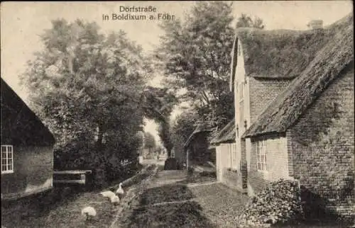 Ak Boldixum Wyk auf Föhr, Dorfstraße mit Backsteinhaus und Gänsen