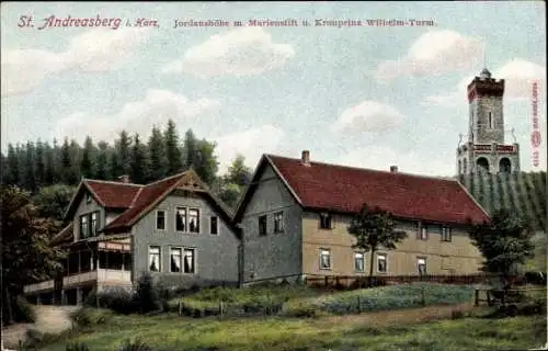 Ak Sankt Andreasberg Braunlage im Oberharz, Jordanshöhe, Marienstift, Kronprinz Wilhelm-Turm