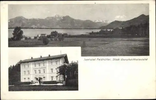 Ak Stock Prien am Chiemsee Oberbayern, Seehotel Feldhütter, See, Dampfschiffhaltestelle