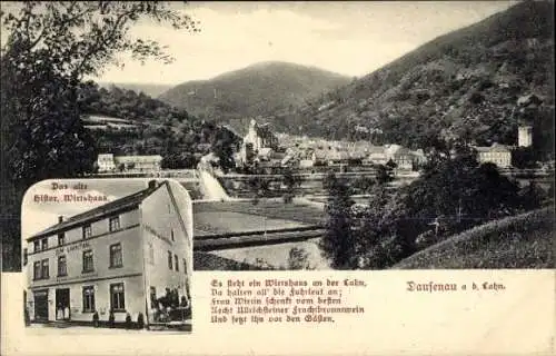 Ak Dausenau an der Lahn, Altes Historisches Wirtshaus zum Lahntal, Panorama vom Ort