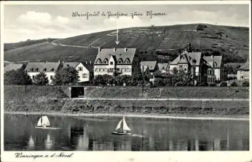 Ak Winningen an der Mosel, Teilansicht, Segelboote, Wirtshaus und Pension Zum Schwan