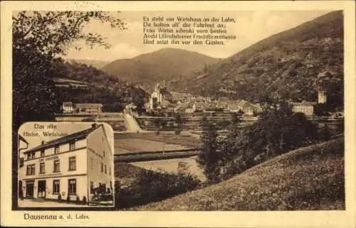 Ak Dausenau an der Lahn, Gesamtansicht, Altes historisches Wirtshaus