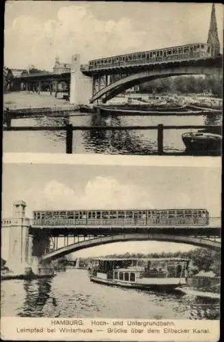 Ak Hamburg Nord Winterhude, Leimpfad, Brücke Ellbecker Kanal, Hoch- und Untergrundbahn