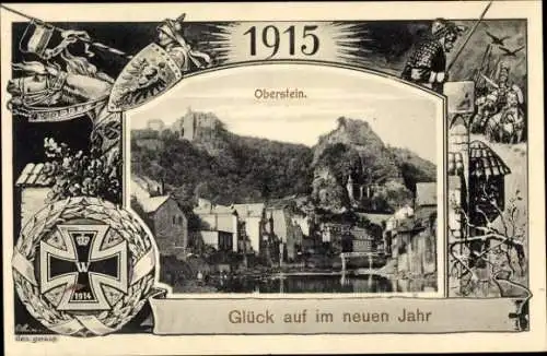 Passepartout Ak Oberstein an der Nahe, Glückwunsch Neujahr 1915, Patriotik 1. WK, Eisernes Kreuz