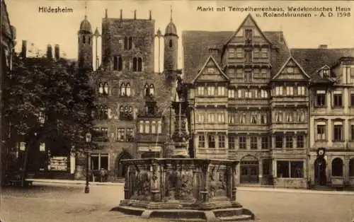 Ak Hildesheim, Markt, Tempelherrenhaus, Wedekindsches Haus, Rolandsbrunnen