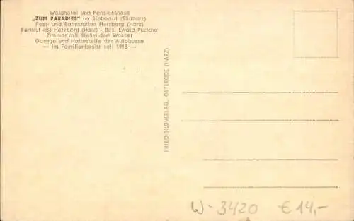 Ak Herzberg am Harz, Siebertal, Waldhotel und Pensionshaus zum Paradies, Fachwerkhaus, Gastraum