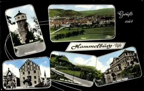 Ak Hammelburg in Unterfranken Bayern, Schloss Saaleck, Wasserturm, Rathaus, Brunnen, rotes Schloss