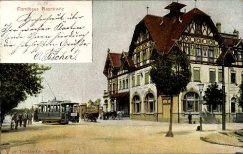Ak Raschwitz Markkleeberg in Sachsen, Forsthaus, Inh. Paul Orlin, Straßenbahn, Kutschen