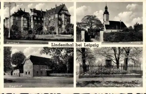 Ak Lindenthal Leipzig in Sachsen, Rathaus, Kirche, Gasthof, Gustav Adolf Denkmal