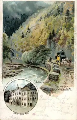 Litho Kretschmar, O., Bad Blankenburg in Thüringen, Schwarzatal, Hotel Chrysopras, Kutsche