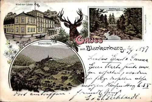 Litho Bad Blankenburg im Kreis Saalfeld Rudolstadt, Hotel zum Löwen, Schwarzburg, Hirsch