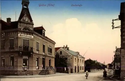 Ak Gröba Riesa an der Elbe Sachsen, Kirchstraße, Gemeindeamt, Gasthaus