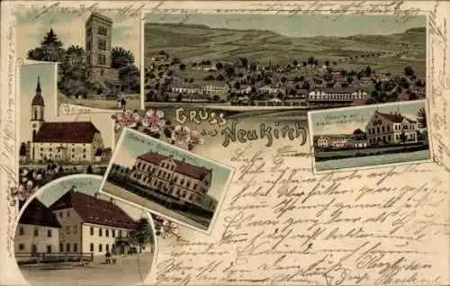 Litho Neukirch Lausitz, König Johann Turm, Kirche, Rittergut, Schule Oberneukirch, Niederneukirch