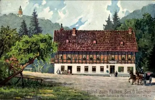 Künstler Ak Falkenstein im Harz, Hotel zum Falken von G. Günther, Schloss