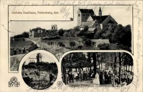 Ak Petersberg im Saalekreis, Wehdes Gasthaus, Bismarckturm, Wehdes Gärten