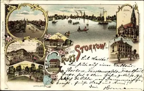 Litho Storkow in der Mark, Marktplatz, Kirche, See, Schützenhaus, Rathaus, Hotel, Amtsgericht