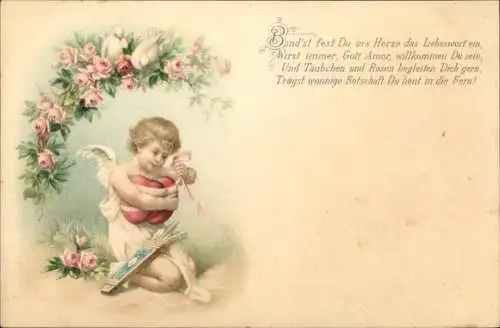 Litho Bind'st fest Du in's Herze das Liebeswort ein, Engel, Amor