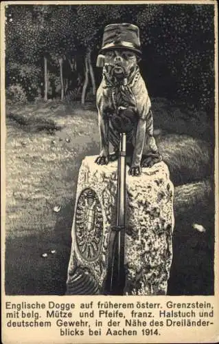 Ak Aachen, englische Dogge auf früherem österr. Grenzstein, Dreiländerblick, 1914