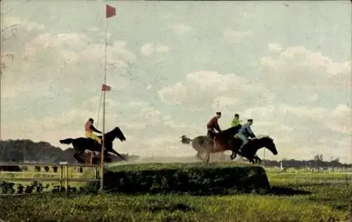 Ak Springreiten, Hürden, Jockeys zu Pferden