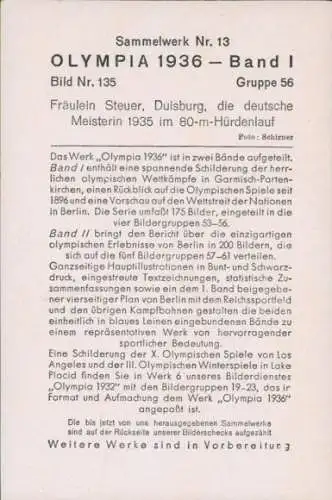 Sammelbild Olympia 1936, Fräulein Steuer, Duisburg, deutsche Meisterin 1935 im 80m-Hürdenlauf