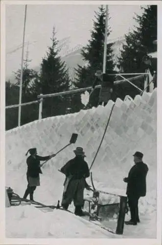 Sammelbild Olympia 1936, Winterspiele, Bau der Bobbahn, Eisquader aus dem Rießersee