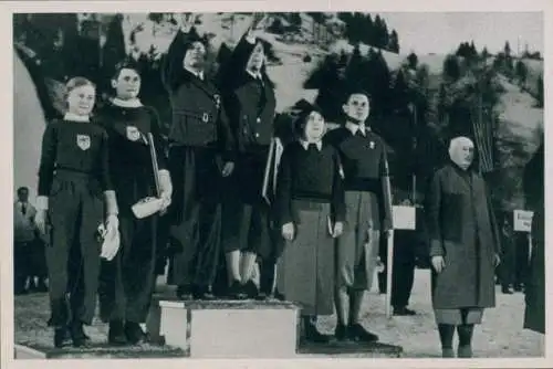 Sammelbild Olympia 1936, Siegerehrung Paarlaufen, Geschwister Pausin, Herber Baier, Rotter Szollas