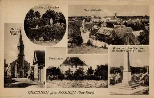 Ak Rosheim Elsass Bas Rhin, Lourdes-Höhle, Rathaus, Schule, Kirche, Pfarrhaus, Denkmal