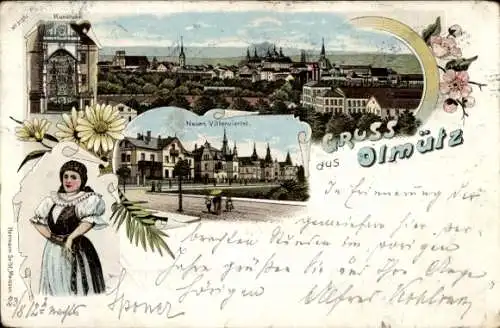 Litho Olomouc Olmütz Stadt Tschechien, Neues Villenviertel, Kunstuhr, Frau in Trachten
