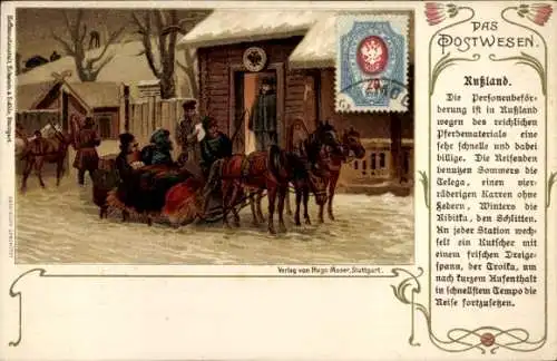 Litho Postwesen in Russland, Schlittengespann, Briefmarke