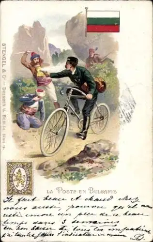 Briefmarken Litho Bulgarisch, Post, Briefträger auf Fahrrad mit Pistole, Trachten